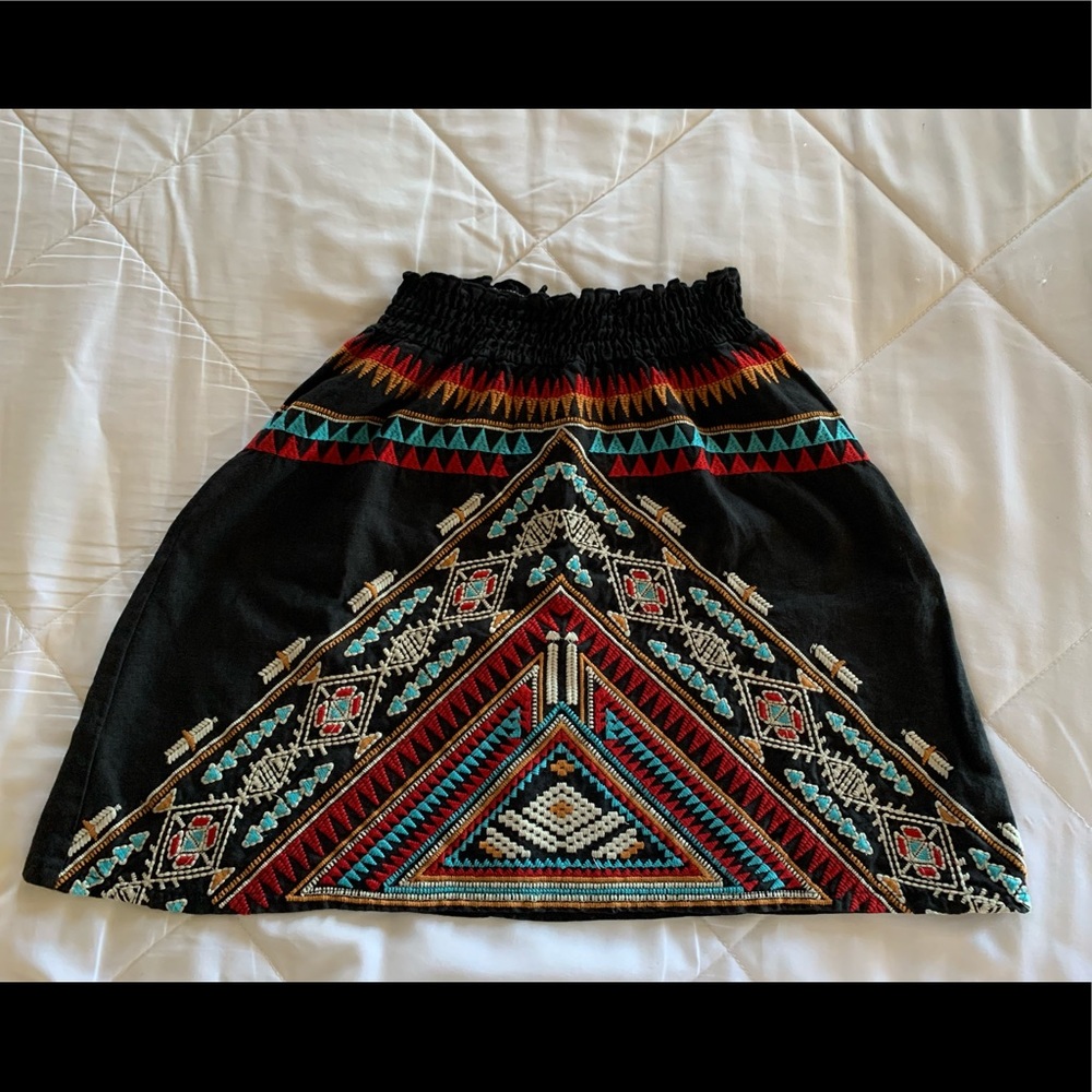 Johnny Was Aztec Embroidered Linen Mini Skirt